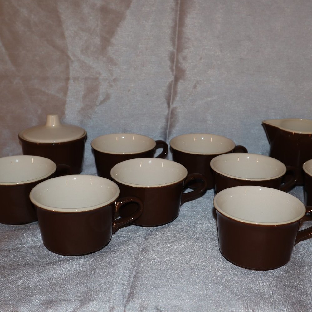 Vintage Royal China Cavalier Monterey Brown Tea Cups Set of 8 + Cream and Sugar